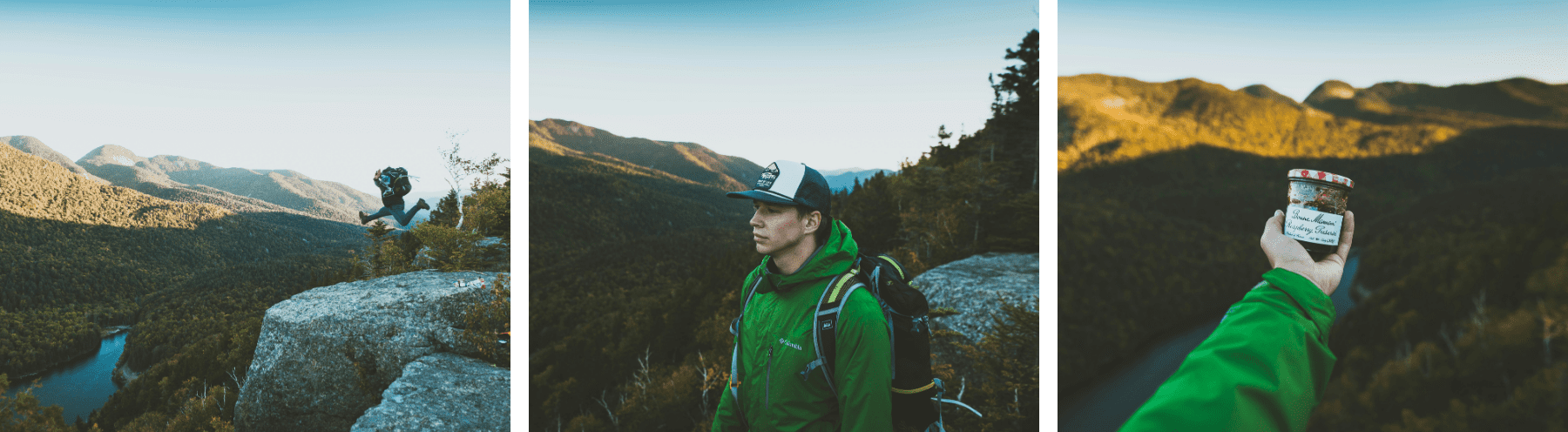 קולאז' תמונות של גבר מטייל בהרים, ברקע הרים וטבע. הגבר לובש את בגדי המותג קולומביה