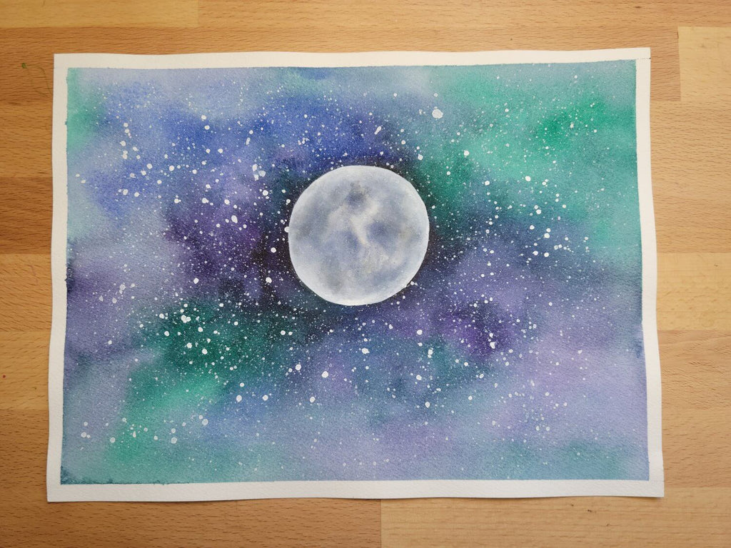 Lune et galaxie à l'aquarelle
