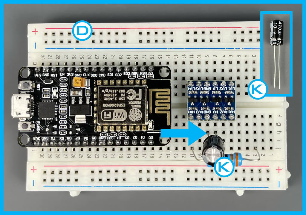 Electrolytic Capacitor Inserted into Breadboard