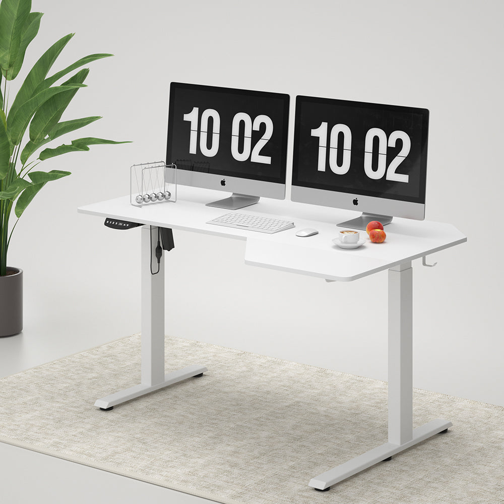 Minimalist Fezibo L-Shaped Electric Standing Desk Dimensions with Dual Monitor