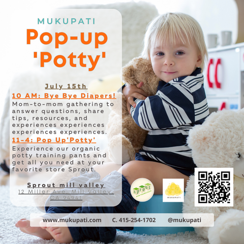 Picture of a child being potty trained, holding a bear stuffy and the event information
