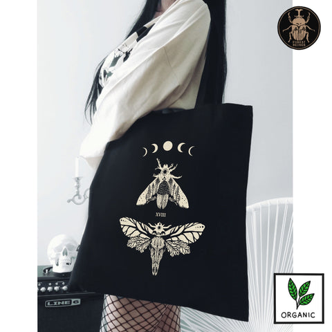 ECO GOTH BLACK TOTE BAG WITH DEATH HEAD MOTHS GRAPHIC