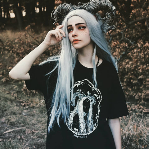 cosplay forest witch aesthetic, girl who is wearing a black witchy tshirt