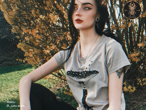 girl with a mushroom design t-shirt