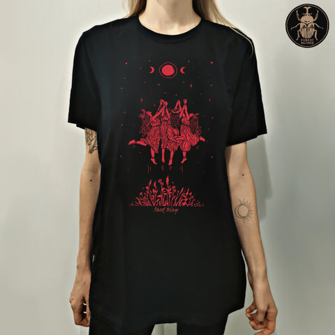 red t-shirt print with witches dancing in a circle  in a witches sabbath