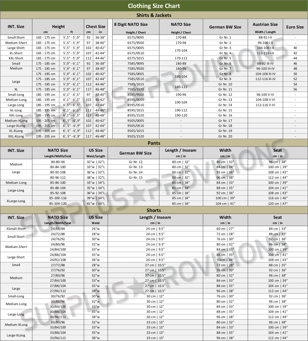 Hunting Clothing Size Chart