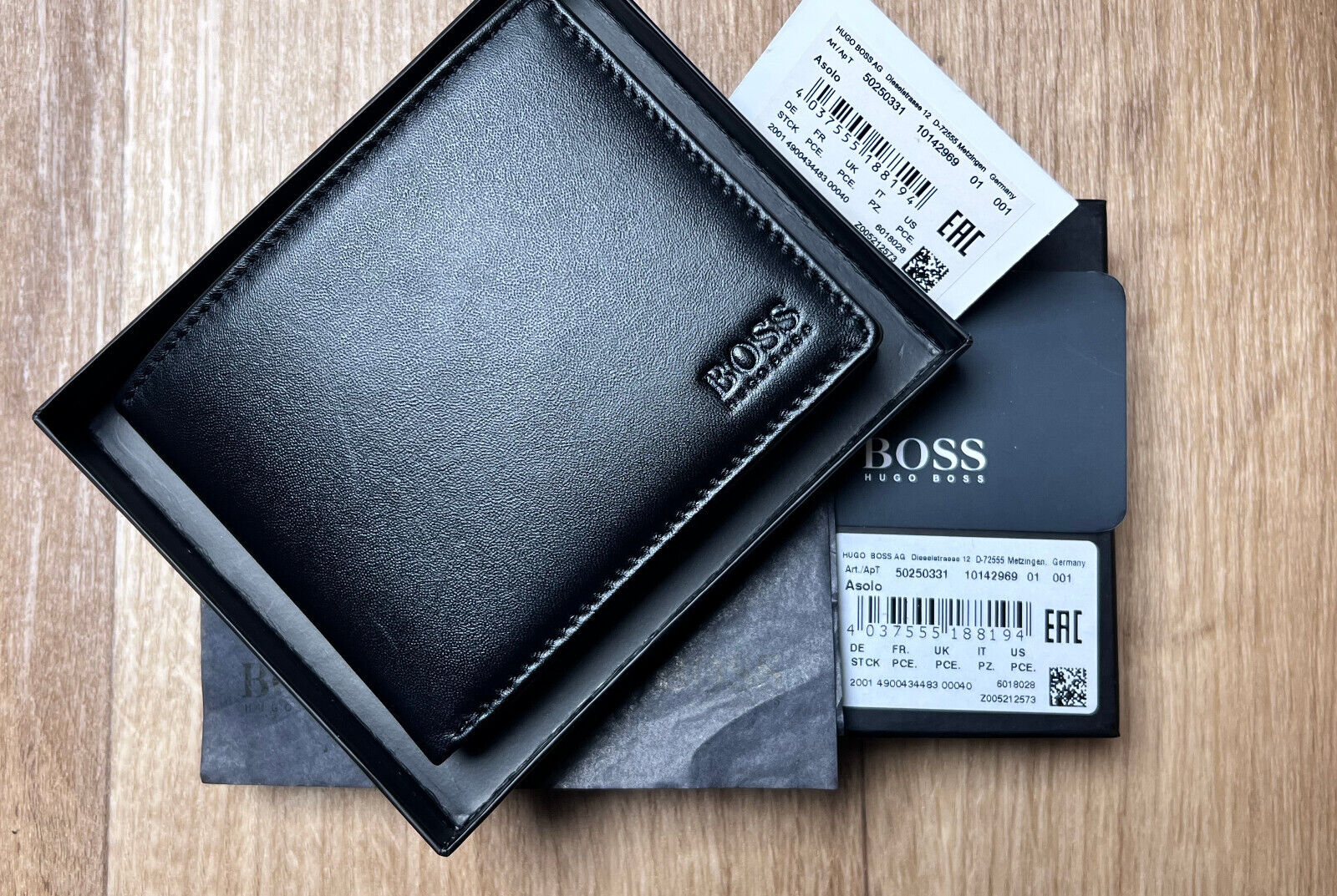 Hugo Boss Mens Asolo Black Leather Bifold Wallet Card Coin Gift