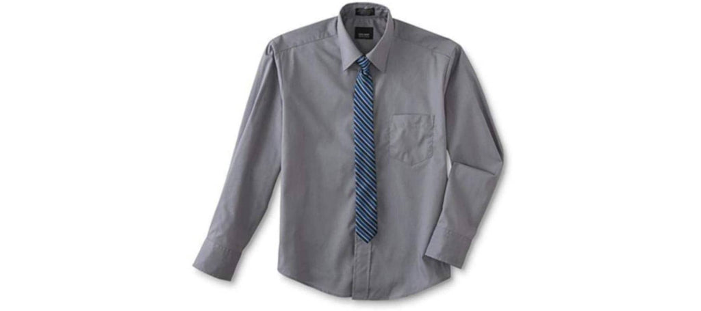 Graues Hemd mit blau-schwarzer Krawatte