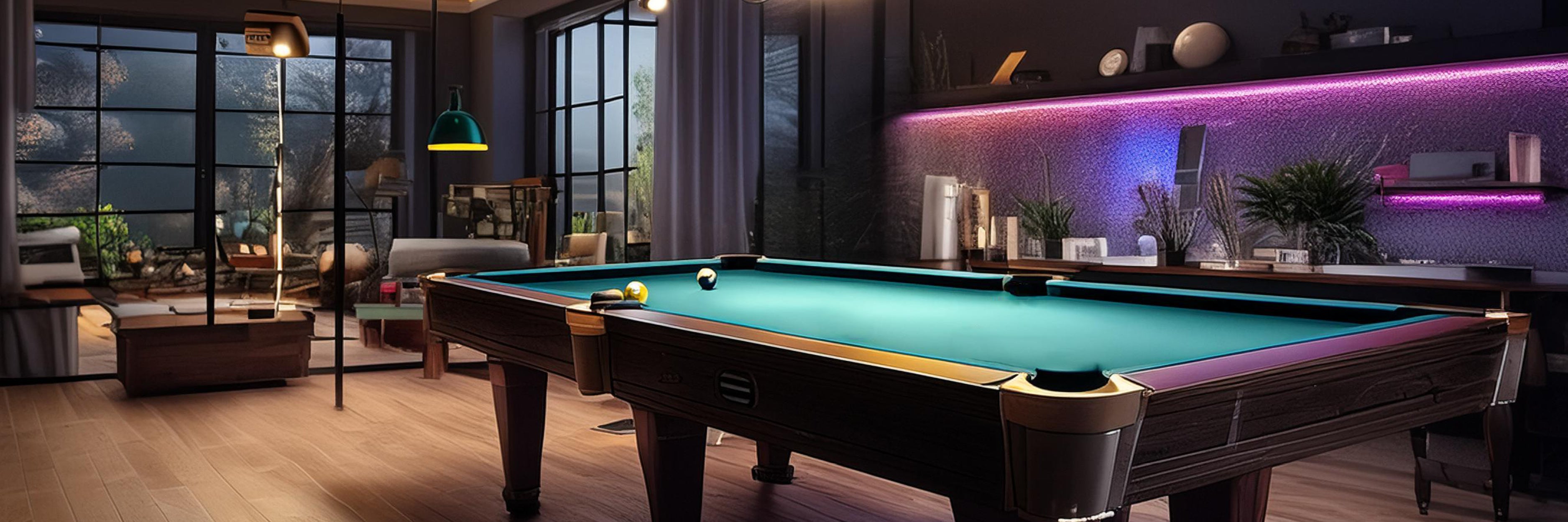 An entertainment room with a billiard table