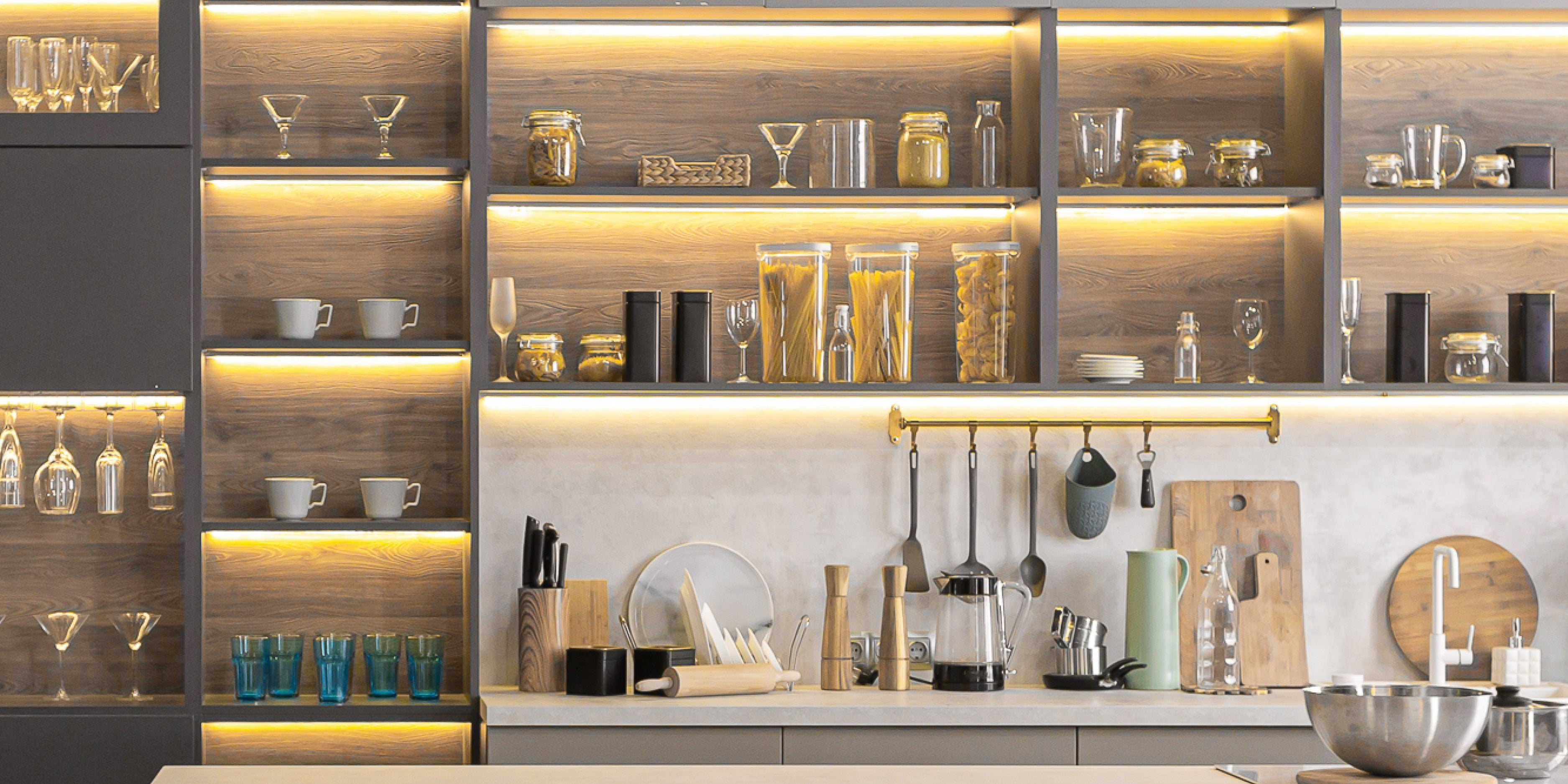LED strip lighting under kitchen cabinets and shelves