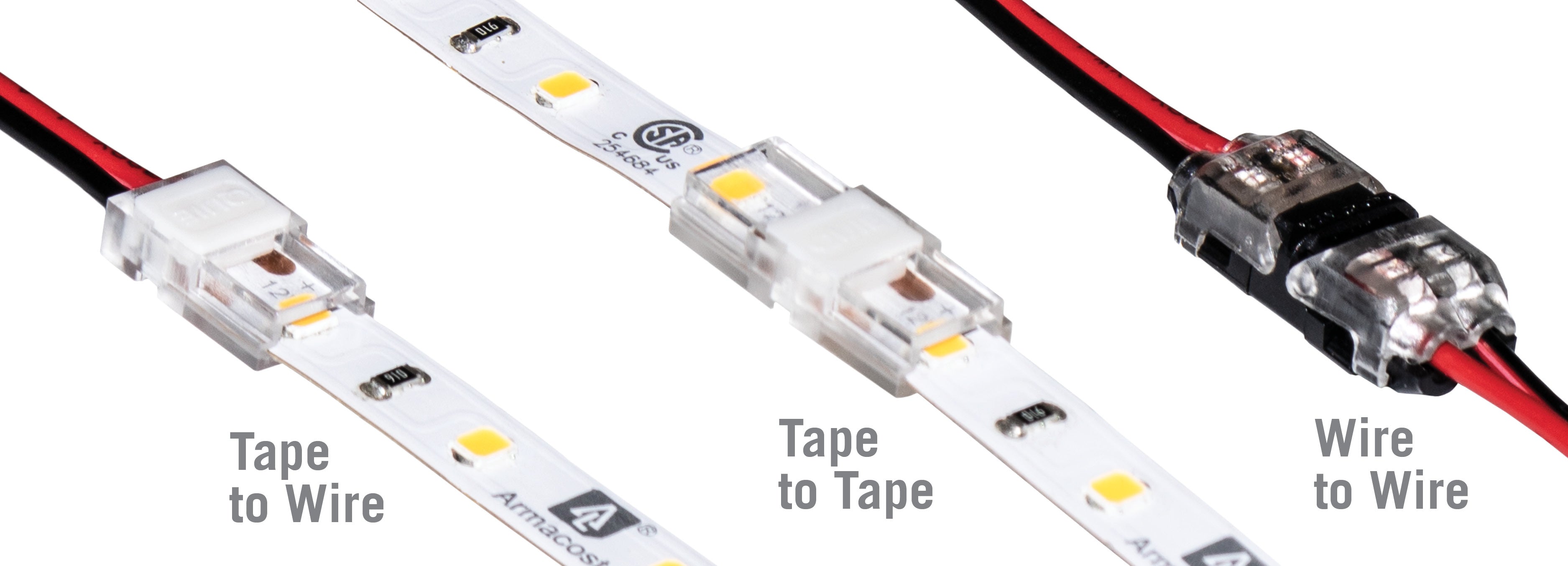 Tape to wire, tape to tape and wire to wire connectors