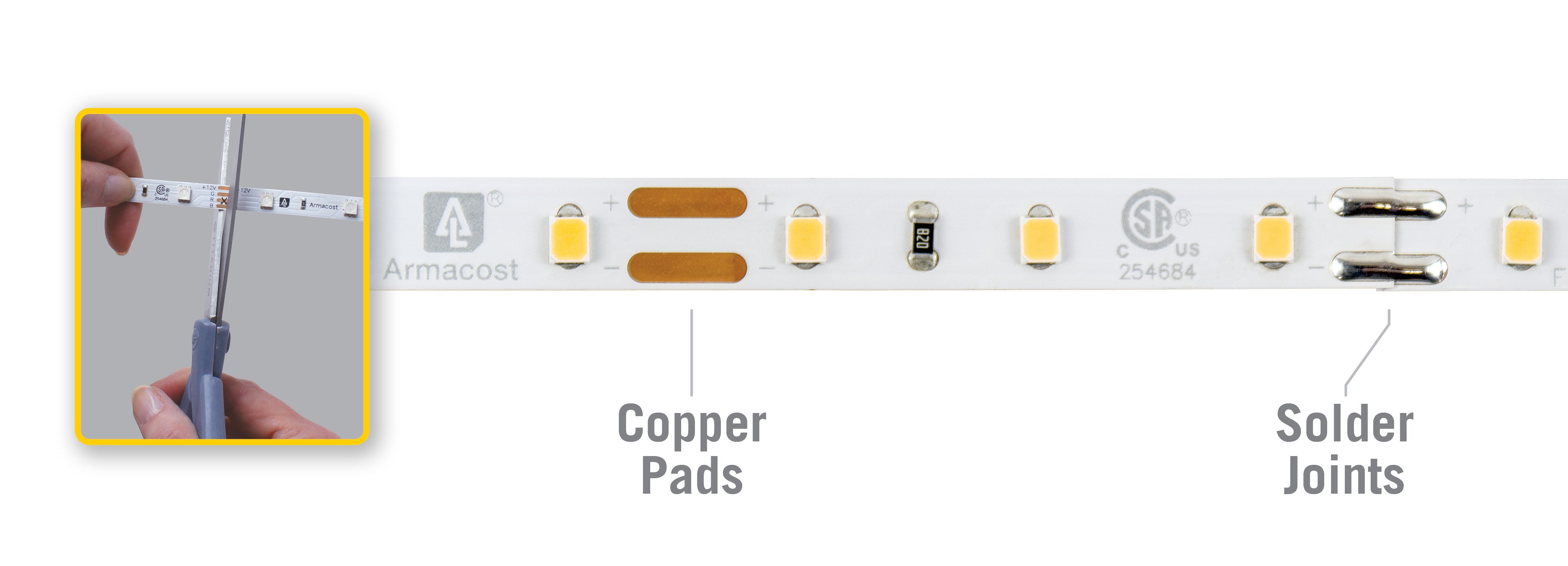 copper pads and solder joint on LED tape light