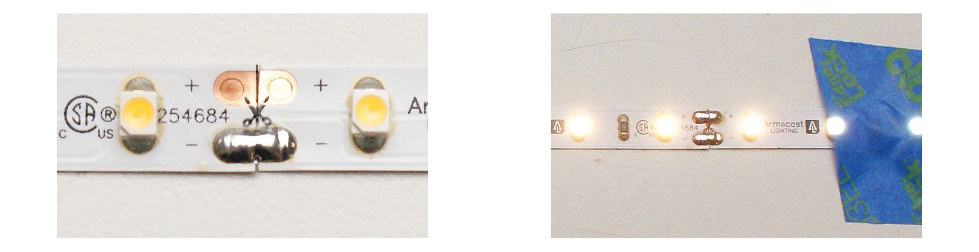 Finished tape light soldered joint. Test connection by powering.