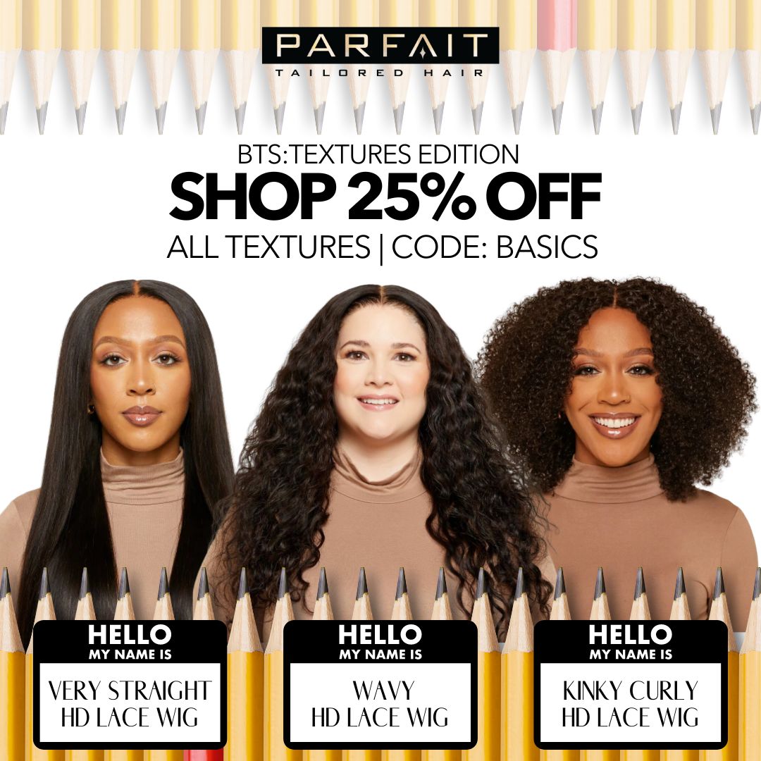 'Parfait Tailored Hair ad promoting 25% off on various HD lace wigs.'