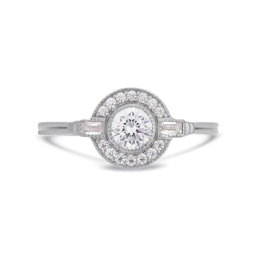 Modern halo engagement ring in platinum