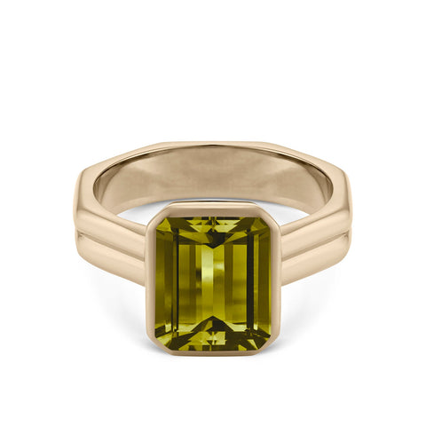 Gold ring with large olive peridot by Roxanne Rajcoomar Hadden jewellery