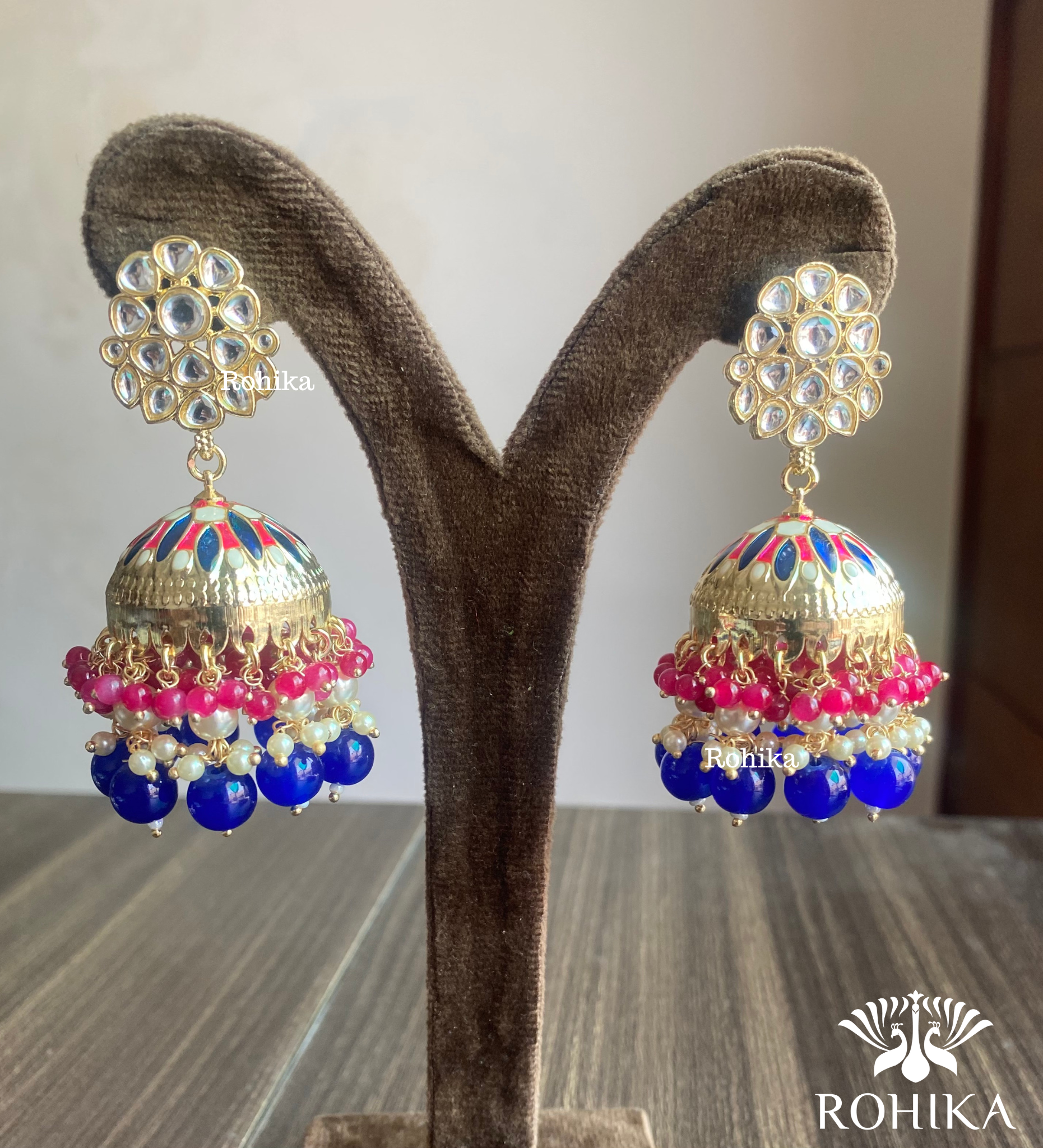 Silver Pink Blue Geometrical Flower Linear Earrings – Vijayshree Sovani  Designs