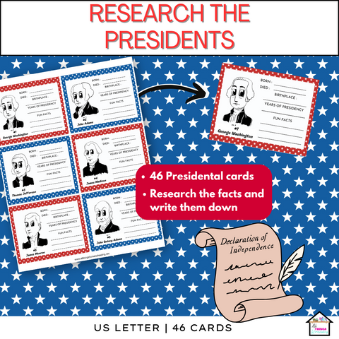 know your presidents reaseach cards, president's day printables