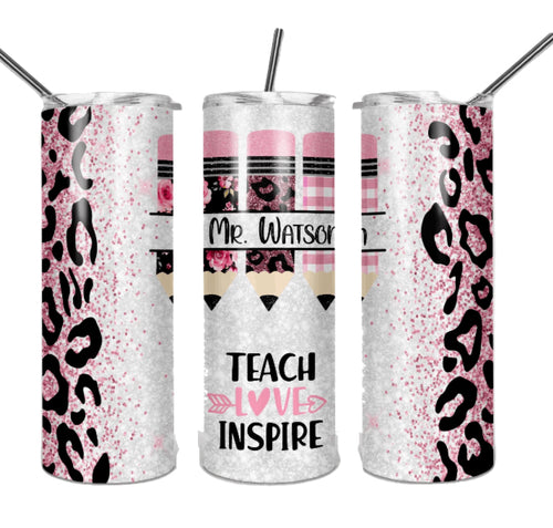 Teacher Life Rainbow Leopard Faux Glitter Tumbler | Personalized