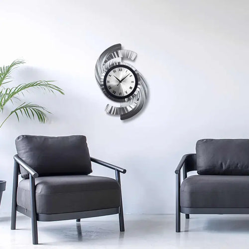 Abstract Art Wall Clock Tited "Skyline" (Silver/Black)