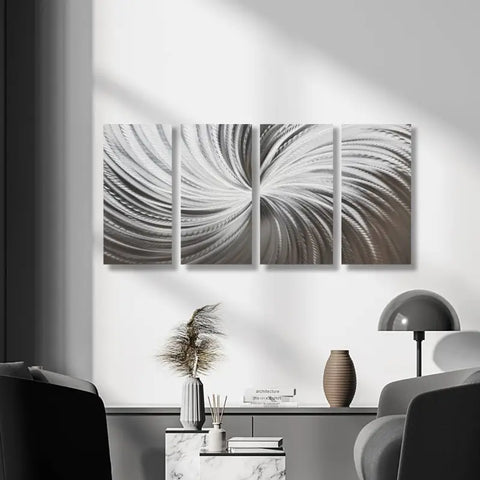 Silver Metal Wall Art "Silver Spiral" (Set of 4) - Modern Elements Metal Art