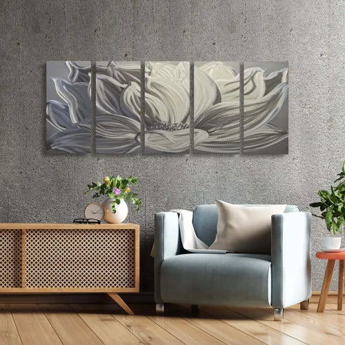 Silver Metal Art for Wall Titled "Silver Lotus" (Set of 5)