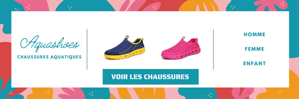 Publicité Aquashoes présentant 2 modèles de chaussure d'eau bleu et fuchsia