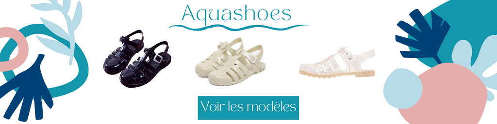 Aquashoes Bannière publicitaire présentant des modèles de sandales plastique
