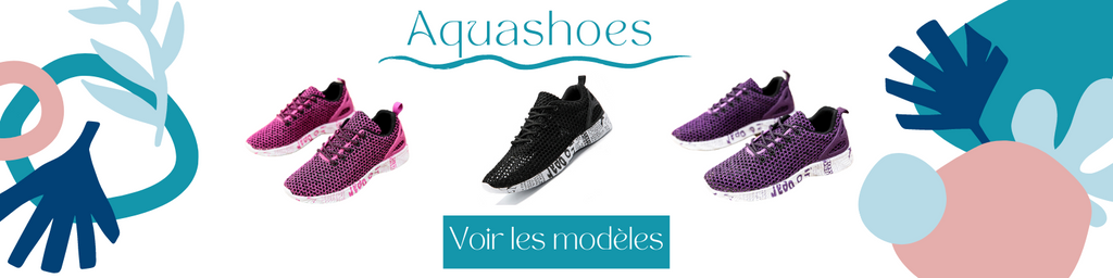 Aquashoes Bannière publicitaire présentant des modèles de chaussures de plage