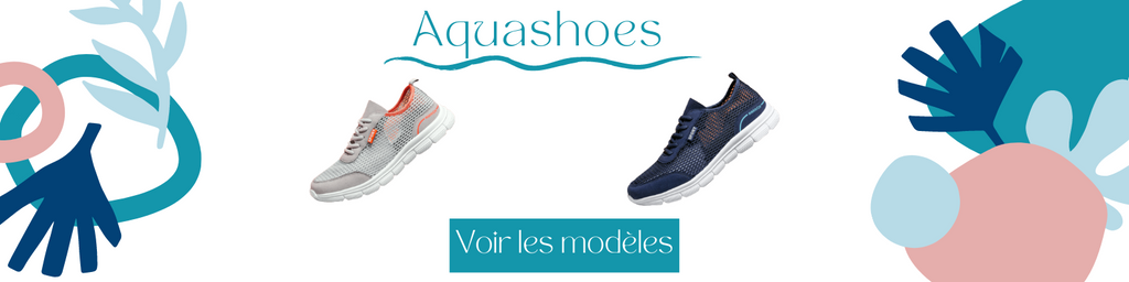 Aquashoes Bannière publicitaire présentant des modèles de chaussures de plage