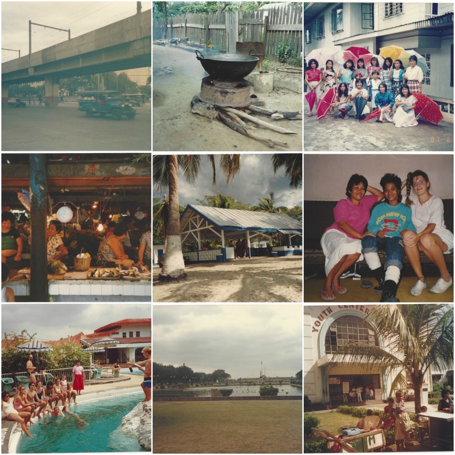 MEMORIES OF MY PHILIPPINES TRIP PHOTO CREDIT:  MICHELLE SOMERS TOP TO BOTTOM 1ST ROW:  JEEPNEYS DRIVING BY, A COOKING POT, THE BEAUTIFUL WOMEN WE MET 2ND ROW:  THE OLONGAPO CITY MARKET, BEACH PART OF THE NAVY BASE IN OLONGAPO, (THELMA, AMY AND I), 3RD ROW: WHITE ROCK, RIZAL PARK IN MANILLA, MANILLA YOUTH CENTRE