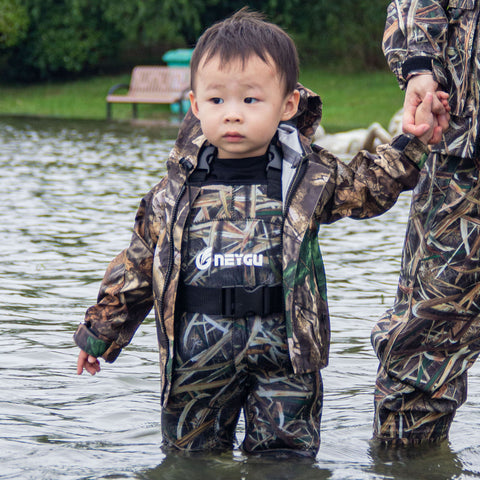 NEYGU waterproof&breathable kid fishing chest waders ,children fishing  wader ,toddler wader attached rubber boots for water playing ,rafting and