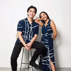 Couple in Batik Boutique's Navy Brush batik shirt and batik maxi dress