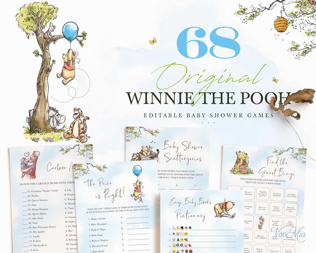 Classic Winnie the Pooh Baby Shower Games, Editable Classic Pooh Templ –  WeeCutes