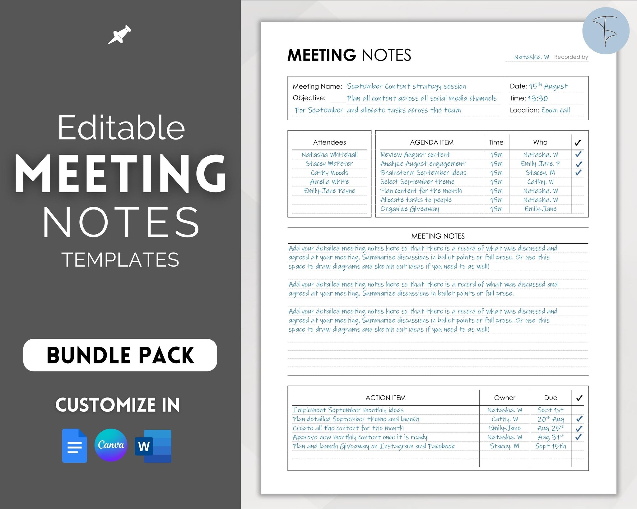 feedback Geef rechten Smaak Meeting Notes Template - Editable Minutes, Agenda, Note Taking