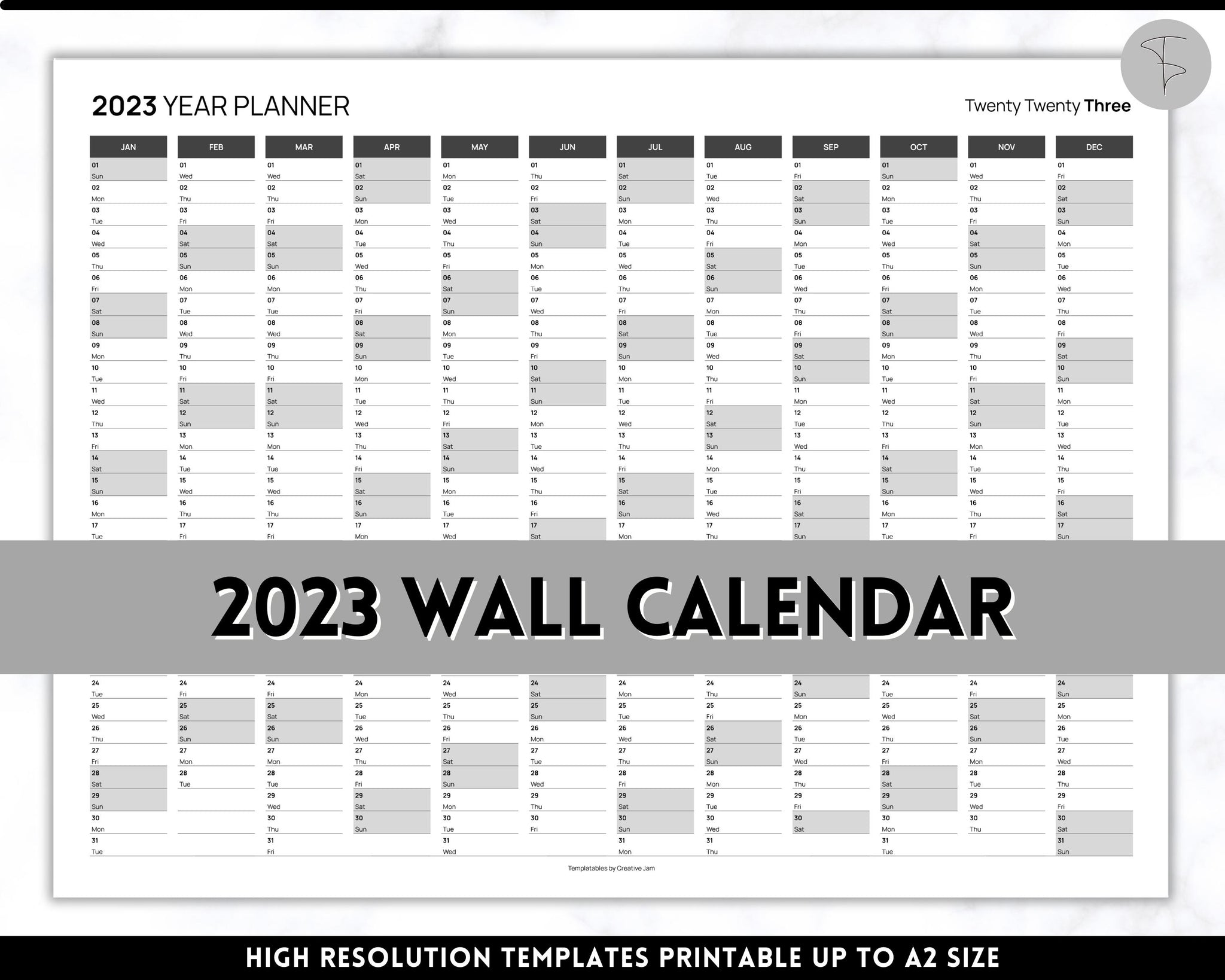 2023 Annual Wall Calendar Printable | 12 Month Calendar - Mono