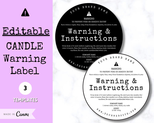 Editable Wax Melt Warning Label Template Care & Fire Safety