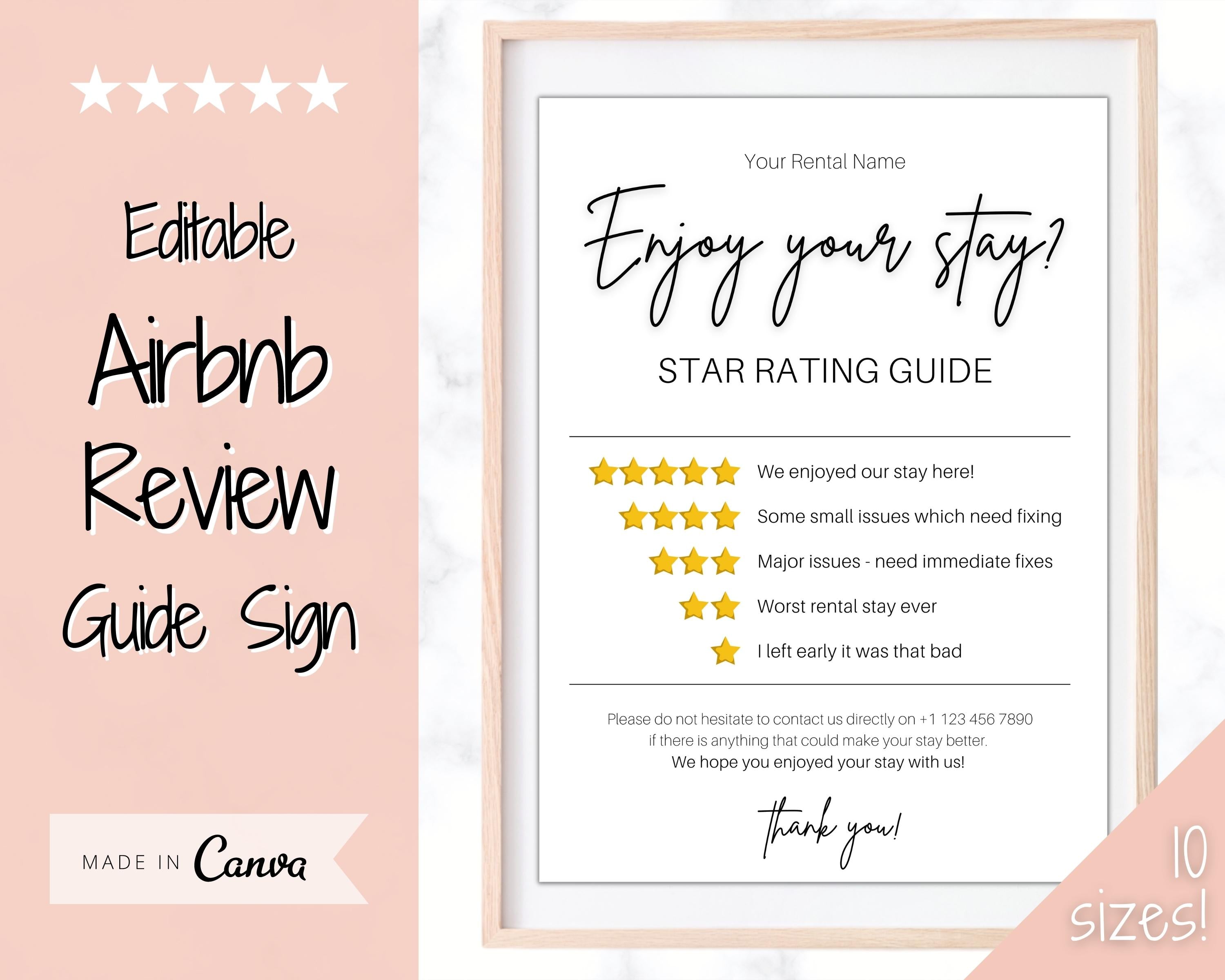 Airbnb RATING Sign Airbnb Template 5* Review Airbnb Signage Pink
