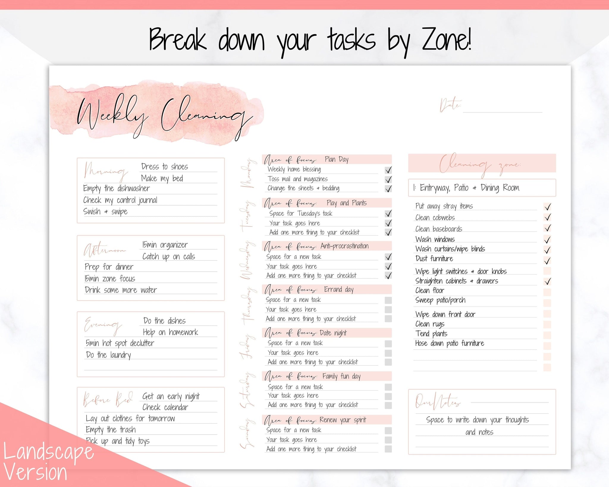 FLY LADY Cleaning Schedule Printable Landscape & Portrait Pink