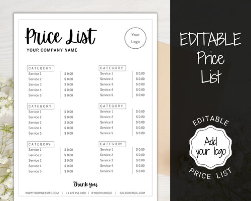 Tshirt PRICE LIST Template Editable | Printable Price Sheet & Price Guide |  Mono