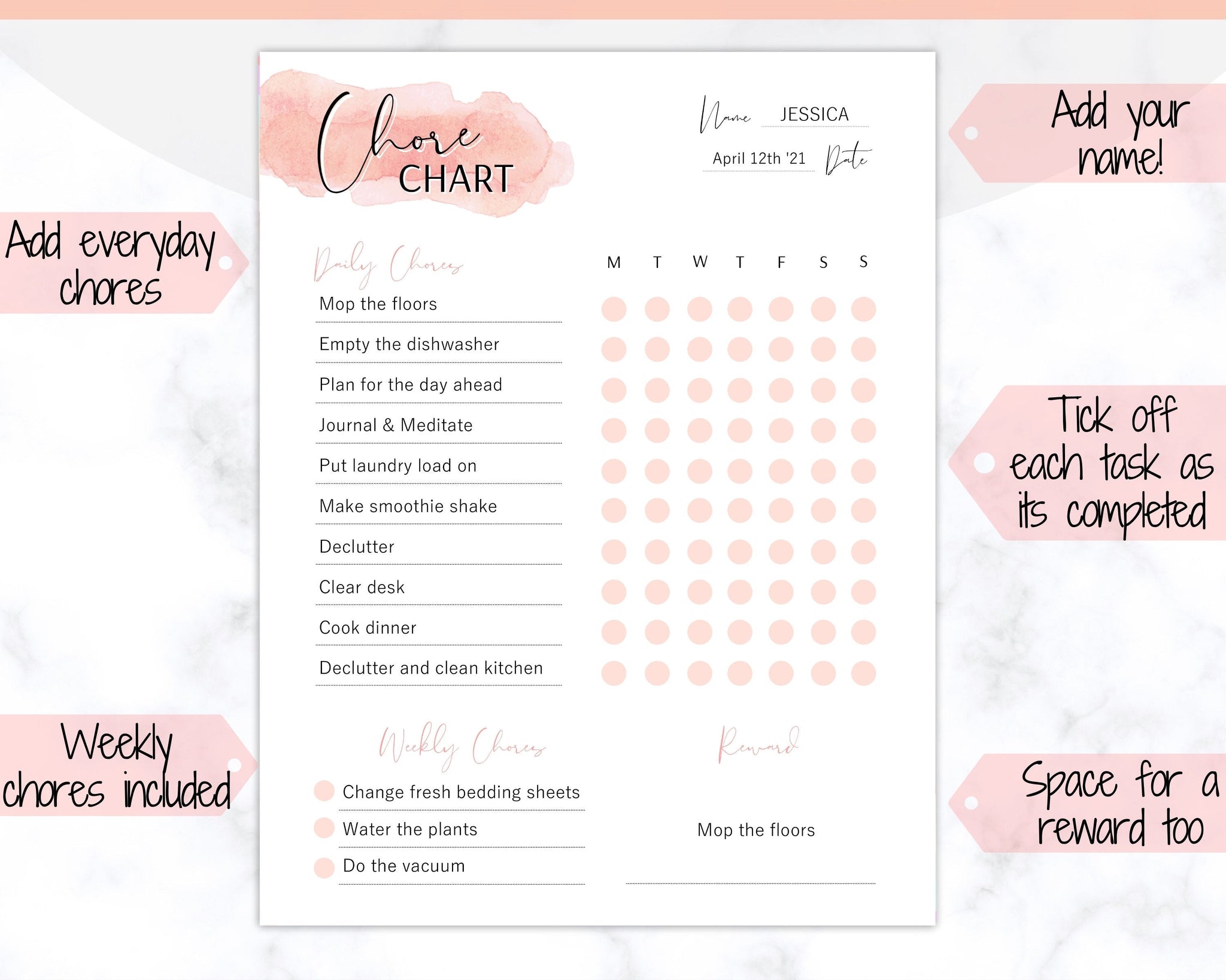 Reward Chart for Kids | Editable Chore Chart Template - Pink