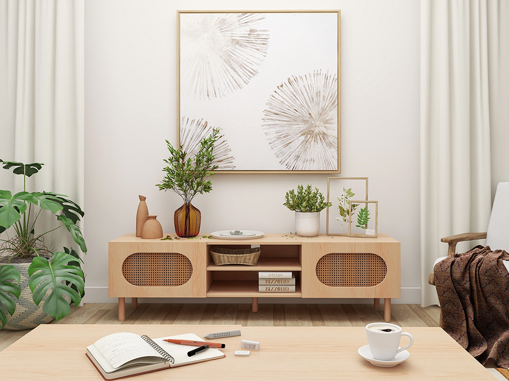 tv cabinet decorated with plants