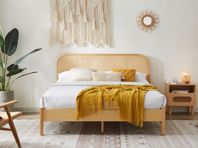 Lulu Bed Frame with Curved Rattan Bedhead - Double