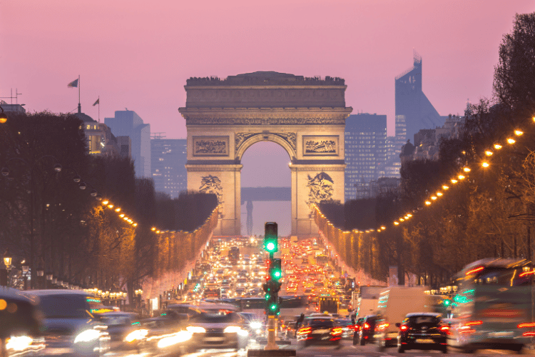 View of the Arc de Triomphe from The Avenue des Champs-Élysées in Paris, France