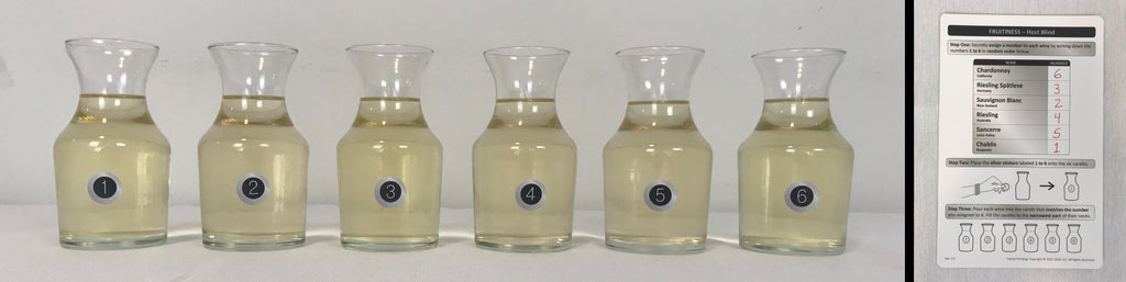 Numbered carafes for blind tasting and host instruction card for tracking wines.