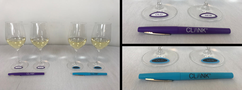 Pens that match the color of wine charm stickers on wine glasses.