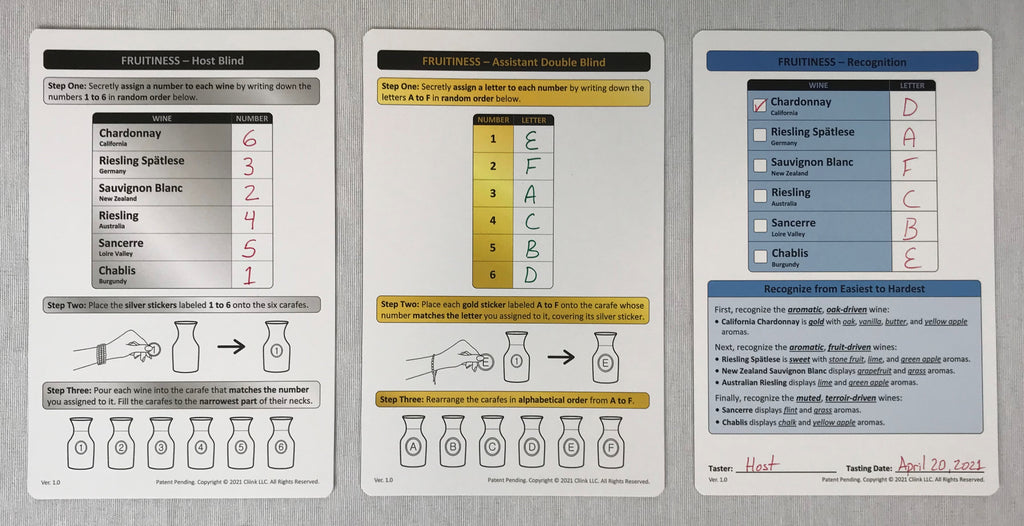 Host and guest tracking cards, and recognition card for guessing wines in blind tasting.