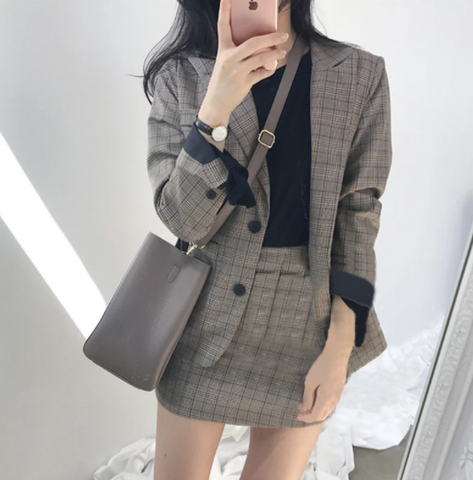 Fashion-Wiz Model in Plaid Mini Skirt and Jacket