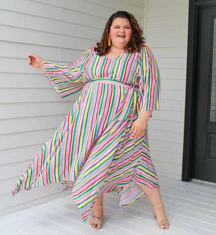 Plus size model in long striped dress