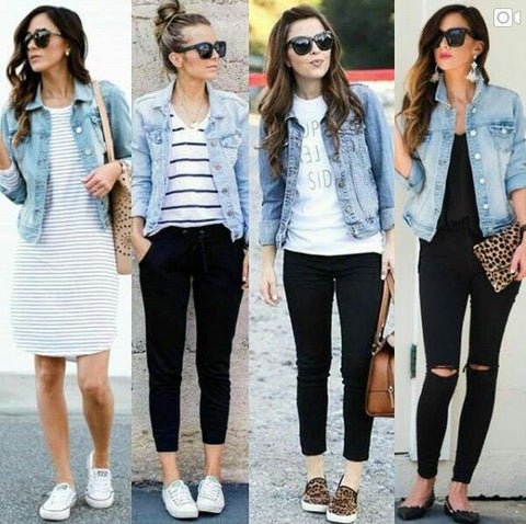 Modest outfits for women.  Women in denim jacket and jeans outfits